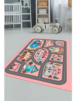 Evdeya Dijital Baskılı Kaymaz Yıkanabilir Trafik Araba Yollu Çocuk Odası Halısı, Çocuk-02-Pembe,