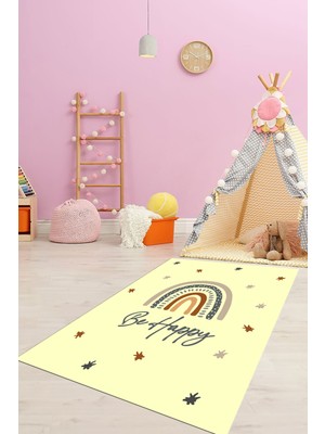 Evdeya Kaymaz Taban Yıkanabilir Be Happy Yazılı Gökküşağı Desenli Çocuk Halısı, Çocuk-14-Sarı,