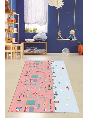 Evdeya Dijital Baskılı Kaymaz Yıkanabilir Şehir Trafik Temalı Çocuk Odası Oyun Halısı, Çocuk-19-Pembe,