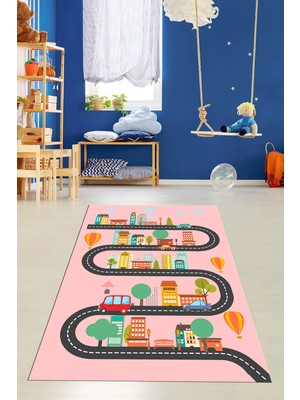Evdeya Kaymaz Taban Yıkanabilir Trafik Araba Eğlendirici Çocuk Odası Oyun Halısı, Çocuk-18-Pembe,