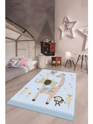 Evdeya Dijital Baskılı Kaymaz Yıkanabilir Zürafa Maymun Fil Desen Çocuk Odası Halısı, Çocuk-21-Mavi,