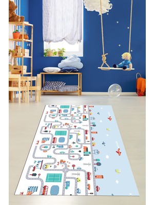 Evdeya Dijital Baskılı Kaymaz Yıkanabilir Şehir Trafik Temalı Çocuk Odası Oyun Halısı, Çocuk-19-Renkli,