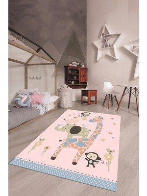 Evdeya Dijital Baskılı Kaymaz Yıkanabilir Zürafa Maymun Fil Desen Çocuk Odası Halısı, Çocuk-21-Pembe,