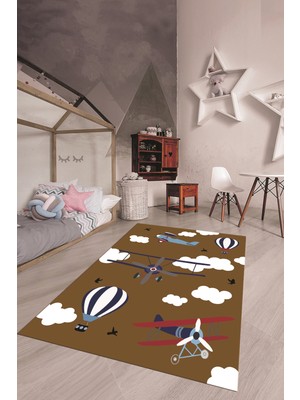Evdeya Dijital Baskılı Kaymaz Yıkanabilir Bulut Uçak Desenli Çocuk Odası Halısı, Çocuk-23-Kahve,