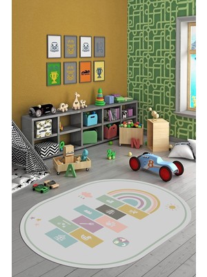 Evdeya Dijital Baskılı Kaymaz Yıkanabilir Seksek Eğitici Oval Çocuk Odası Oyun Halısı, O-Çocuk-31-Gri,