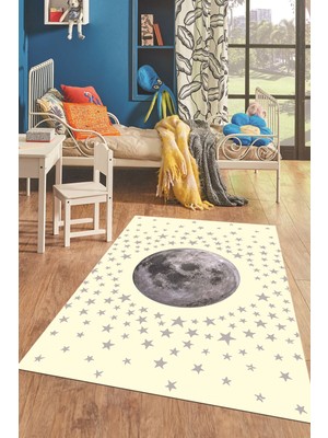 Evdeya Dijital Baskılı Kaymaz Taban Yıkanabilir Yıldız Ay Desen Çocuk Odası Halısı, Çocuk-27-Krem,