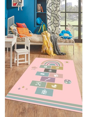 Evdeya Dijital Baskılı Kaymaz Yıkanabilir Sek Sek Eğitici Çocuk Odası Oyun Halısı, Çocuk-31-Pembe,