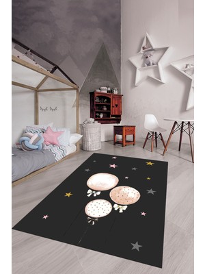 Evdeya Dijital Baskılı Kaymaz Yıkanabilir Balon Yıldız Desenli Çocuk Odası Halısı, Çocuk-24-Antrasit,