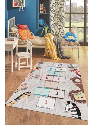 Evdeya Dijital Baskılı Kaymaz Yıkanabilir Sek Sek Desen Eğlendirici Çocuk Odası Halısı, Çocuk-28-Gri,