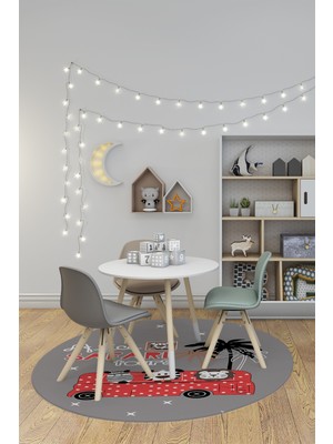 Evdeya Dijital Kaymaz Yıkanabilir Otobüs Safari Desenli Yuvarlak Çocuk Odası Halısı, Y-Çocuk-01-Kırmızı,