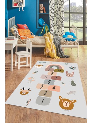 Evdeya Dijital Baskılı Kaymaz Yıkanabilir Sek Sek Desen Eğlendirici Çocuk Oyun Halısı, Çocuk-29-Gri,