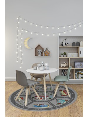 Evdeya Dijital Kaymaz Yıkanabilir Trafik Araba Yollu Yuvarlak Çocuk Odası Halısı, Y-Çocuk-02-Gri,