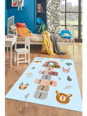 Evdeya Dijital Baskılı Kaymaz Yıkanabilir Sek Sek Desen Eğlendirici Çocuk Oyun Halısı, Çocuk-29-Mavi,