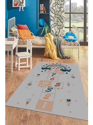Evdeya Dijital Baskılı Kaymaz Yıkanabilir Sek Sek Eğlendirici Çocuk Odası Oyun Halısı, Çocuk-30-Gri,
