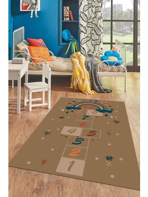 Evdeya Dijital Baskılı Kaymaz Yıkanabilir Sek Sek Eğlendirici Çocuk Odası Oyun Halısı, Çocuk-30-Kahve,