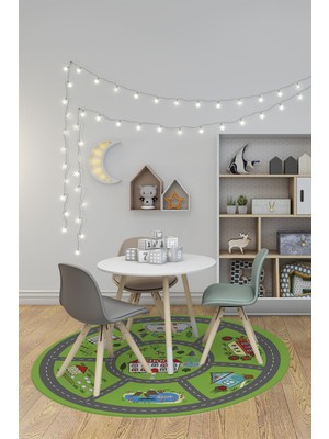 Evdeya Dijital Kaymaz Yıkanabilir Trafik Araba Yollu Yuvarlak Çocuk Odası Halısı, Y-Çocuk-02-Yeşil,