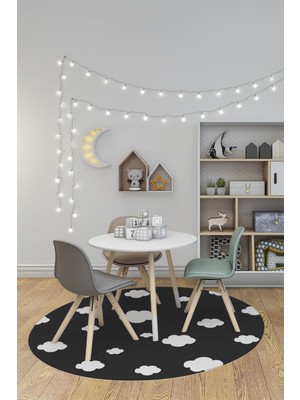 Evdeya Dijital Baskılı Kaymaz Yıkanabilir Bulut Desenli Yuvarlak Çocuk Odası Halısı, Y-Çocuk-08-Antrasit,