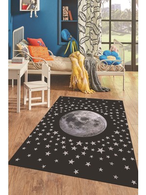 Evdeya Dijital Baskılı Kaymaz Taban Yıkanabilir Yıldız Ay Desen Çocuk Odası Halısı, Çocuk-27-Antrasit,