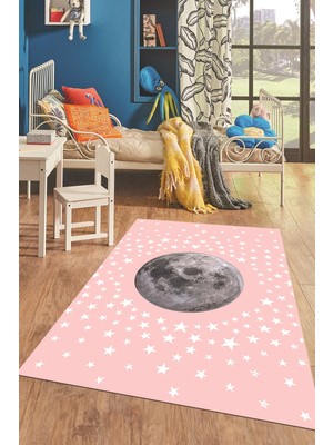 Evdeya Dijital Baskılı Kaymaz Taban Yıkanabilir Yıldız Ay Desen Çocuk Odası Halısı, Çocuk-27-Pembe,