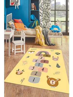 Evdeya Dijital Baskılı Kaymaz Yıkanabilir Sek Sek Desen Eğlendirici Çocuk Oyun Halısı, Çocuk-29-Sarı,