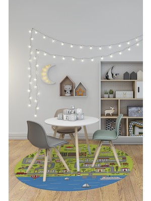 Evdeya Kaymaz Taban Yıkanabilir Trafik Eğitici Yuvarlak Çocuk Odası Oyun Halısı, Y-Çocuk-07-Yeşil,