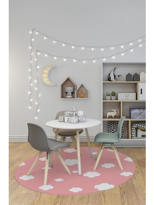 Evdeya Dijital Baskılı Kaymaz Yıkanabilir Bulut Desenli Yuvarlak Çocuk Odası Halısı, Y-Çocuk-08-Pembe,