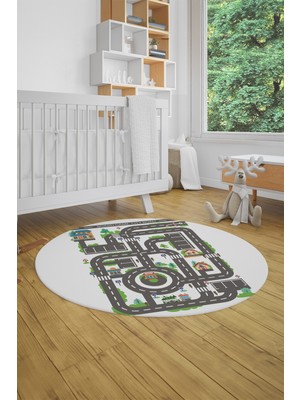 Evdeya Kaymaz Taban Yıkanabilir Trafik Yol Desen Eğlendirici Yuvarlak Çocuk Odası Halısı, Y-Çocuk-17-Beyaz,
