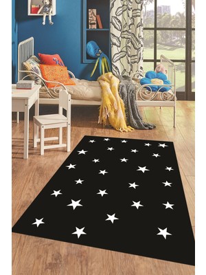 Evdeya Dijital Baskılı Kaymaz Yıkanabilir Yıldız Desen Çocuk Odası Oyun Halısı, Çocuk-32-Siyah,