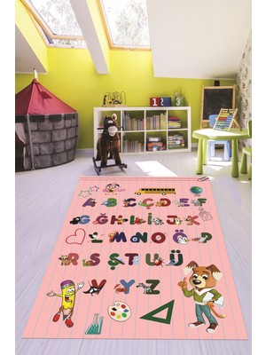 Evdeya Dijital Baskılı Kaymaz Yıkanabilir Alfabe Eğitici Çocuk Odası Oyun Halısı, Çocuk-33-Pembe,