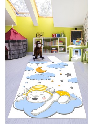 Evdeya Dijital Baskılı Kaymaz Yıkanabilir Sevimli Ayıcık Desen Çocuk Odası Halısı, Çocuk-34-Mavi,