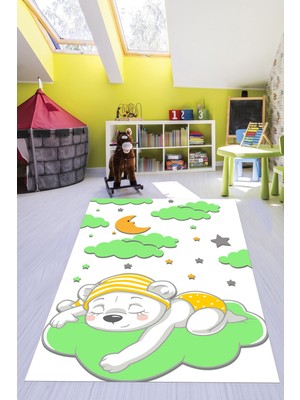 Evdeya Dijital Baskılı Kaymaz Yıkanabilir Sevimli Ayıcık Desen Çocuk Odası Halısı, Çocuk-34-Yeşil,