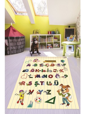 Evdeya Dijital Baskılı Kaymaz Yıkanabilir Alfabe Eğitici Çocuk Odası Oyun Halısı, Çocuk-33-Krem,