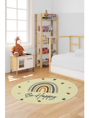 Evdeya Kaymaz Taban Yıkanabilir Be Happy Yazılı Gökküşağı Desen Yuvarlak Çocuk Halısı, Y-Çocuk-14-Sarı,