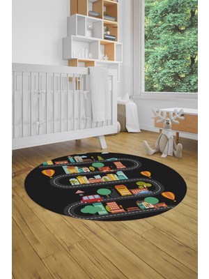 Evdeya Kaymaz Taban Yıkanabilir Trafik Araba Eğlendirici Yuvarlak Çocuk Odası Halısı, Y-Çocuk-18-Antrasit,