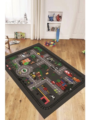 Evdeya Trafik Yollu Arabalı Yıkanabilir Eğlendirici Çocuk Odası Oyun Halısı, Çocuk-46-Antrasit,