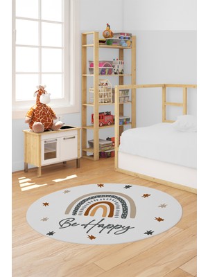 Evdeya Kaymaz Taban Yıkanabilir Be Happy Yazılı Gökküşağı Desen Yuvarlak Çocuk Halısı, Y-Çocuk-14-Beyaz,