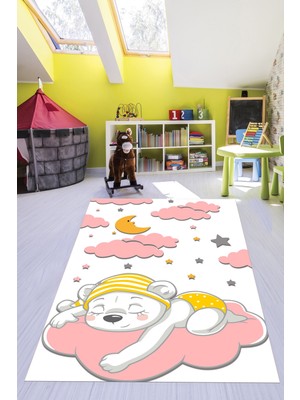 Evdeya Dijital Baskılı Kaymaz Yıkanabilir Sevimli Ayıcık Desen Çocuk Odası Halısı, Çocuk-34-Pembe,