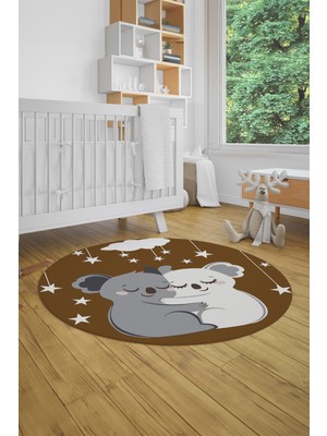 Evdeya Dijital Baskılı Kaymaz Yıkanabilir Kuala Desenli Yuvarlak Çocuk Odası Halısı, Y-Çocuk-22-Kahve,