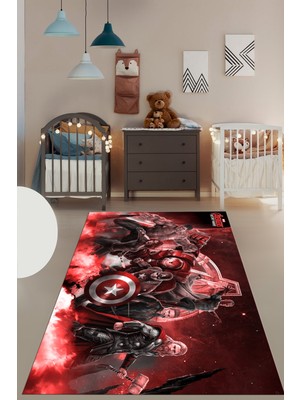 Evdeya Dijital Baskılı Kaymaz Yıkanabilir Çizgifilm Temalı Çocuk Odası Halısı, Çocuk-39-Kırmızı,