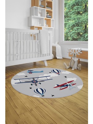 Evdeya Dijital Kaymaz Yıkanabilir Bulut Uçak Desenli Yuvarlak Çocuk Odası Halısı, Y-Çocuk-23-Gri,
