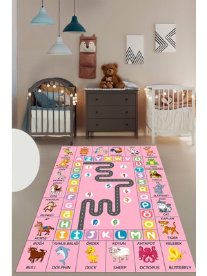 Evdeya Ingilizce Harf ve Hayvan Temalı Eğitici Çocuk Odası Oyun Halısı, Çocuk-44-Pembe,