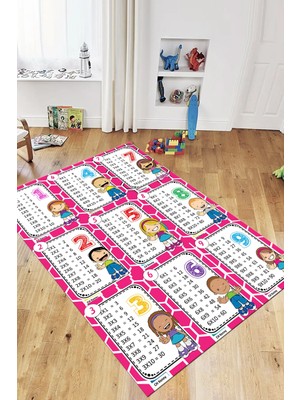 Evdeya Çarpım Tablosu Temalı Yıkanabilir Eğitici Çocuk Odası Oyun Halısı, Çocuk-45-Pembe,