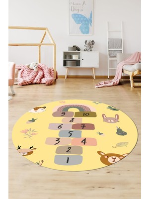 Evdeya Dijital Kaymaz Yıkanabilir Sek Sek Desen Eğlendirici Yuvarlak Çocuk Halısı, Y-Çocuk-29-Sarı,