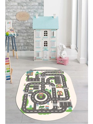 Evdeya Kaymaz Taban Yıkanabilir Trafik Yol Desen Eğlendirici Oval Çocuk Odası Halısı, O-Çocuk-17-Krem,