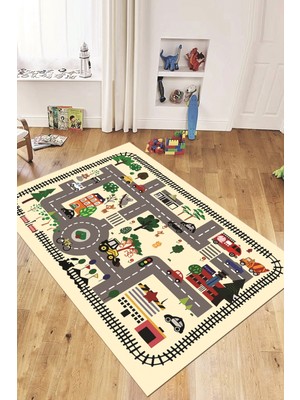 Evdeya Trafik Yollu Arabalı Yıkanabilir Eğlendirici Çocuk Odası Oyun Halısı, Çocuk-46-Krem,