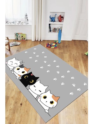 Evdeya Sevimli Kediler Baskılı Yıkanabilir Kaymaz Çocuk Odası Halısı, Çocuk-49-Gri,
