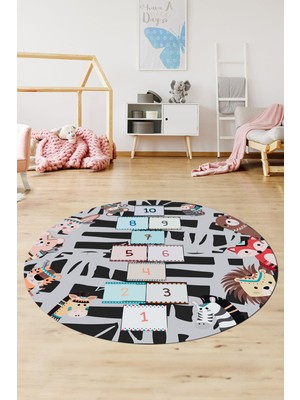 Evdeya Dijital Kaymaz Yıkanabilir Sek Sek Desen Eğlenceli Yuvarlak Çocuk Odası Halısı, Y-Çocuk-28-Antrasit,