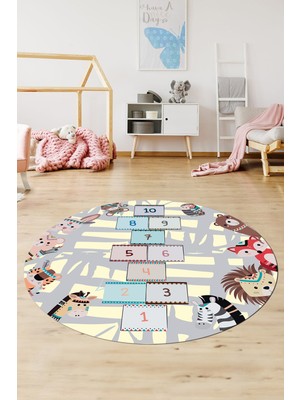 Evdeya Dijital Kaymaz Yıkanabilir Sek Sek Desen Eğlenceli Yuvarlak Çocuk Odası Halısı, Y-Çocuk-28-Krem,