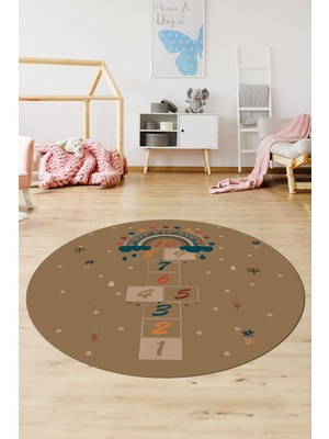 Evdeya Dijital Kaymaz Yıkanabilir Sek Sek Eğlendirici Yuvarlak Çocuk Odası Halısı, Y-Çocuk-30-Kahve,