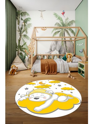 Evdeya Dijital Kaymaz Yıkanabilir Sevimli Ayıcık Desen Yuvarlak Çocuk Odası Halısı, Y-Çocuk-34-Sarı,